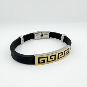 Stainless Steel Black Rubber Greek Key Bracelet Clasp‎ Bangle Mens Womens Unisex